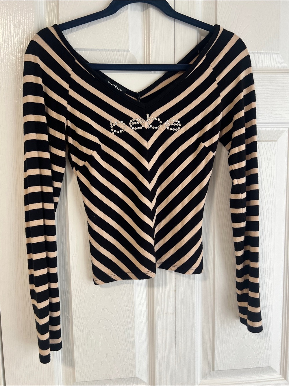bebe Black & Beige Striped Long-Sleeve V‑Neck Top with Rhinestone Accent